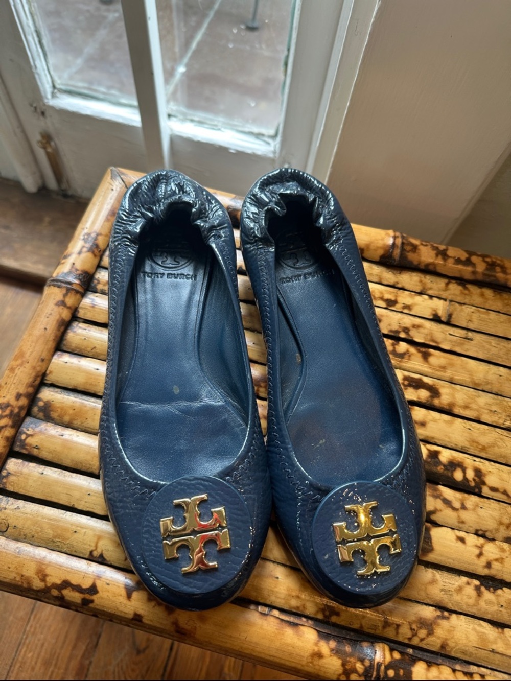 Tory Burch Navy Leather Logo Ballet Flats size 6.5